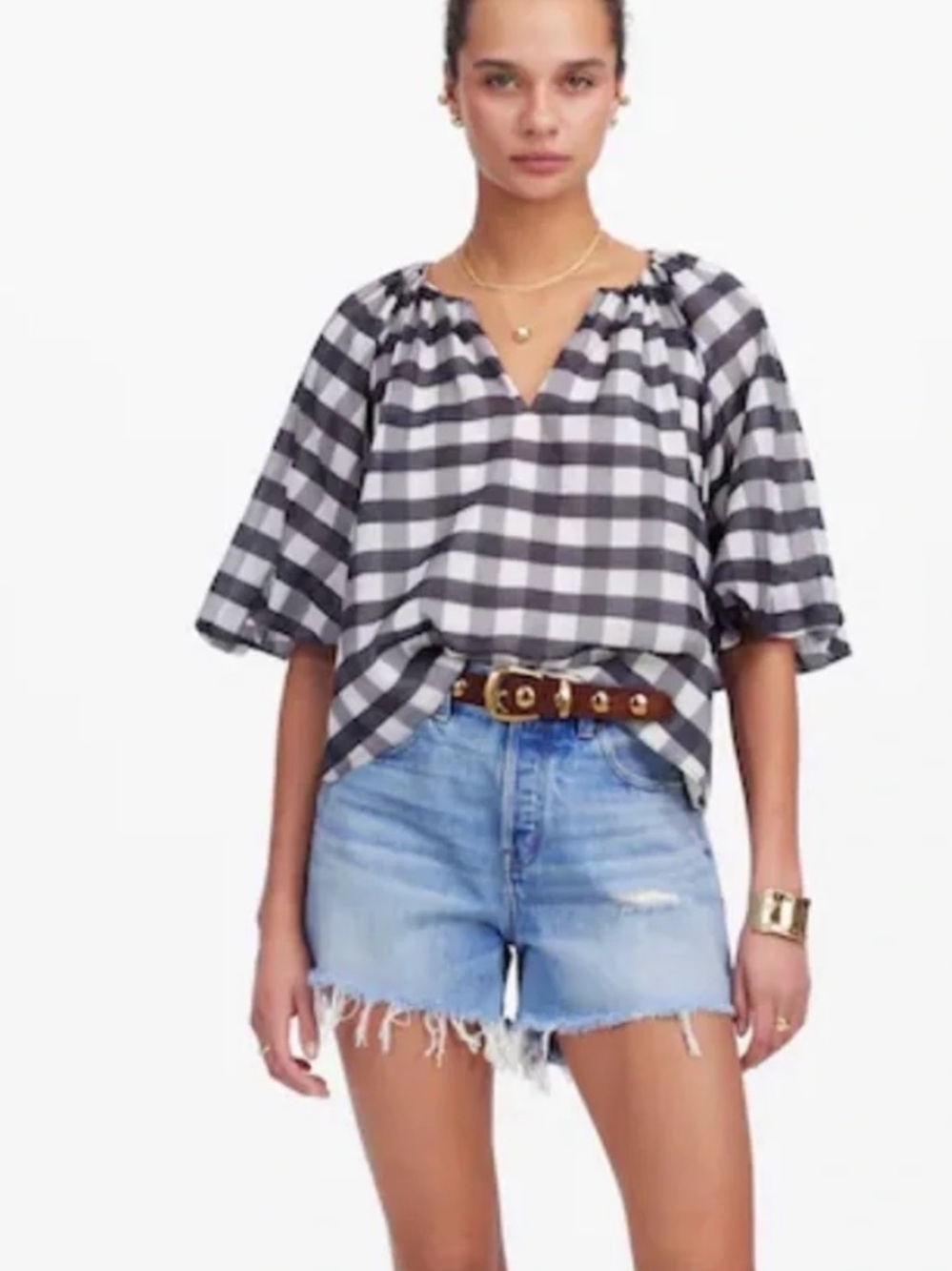Madewell Plaid White Black Gingham Sleeve Top